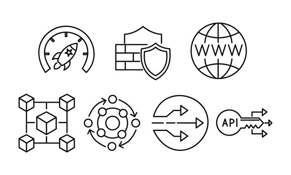 Cyber security and global network technology icons set featuring firewall api key and speed optimization for secure internet web application services.Editable stroke