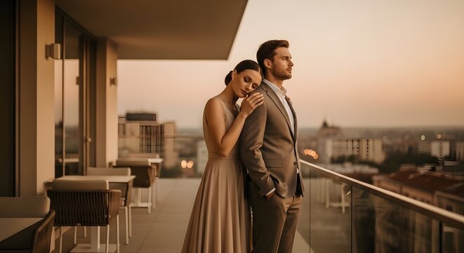 Couple on balcony overlooking city skyline at sunset romance concept