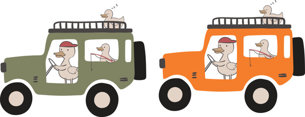Cute ducks driving a safari off-road jeep in a playful nursery adventure vector illustration set © Md