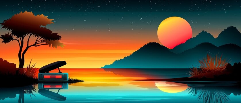 Vibrant Synthwave Sunset Landscape with Retro Boombox Illustration