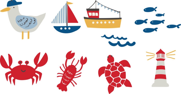 Nursery nautical set with sea animals, boats and lighthouse in a playful hand-drawn doodle vector style.