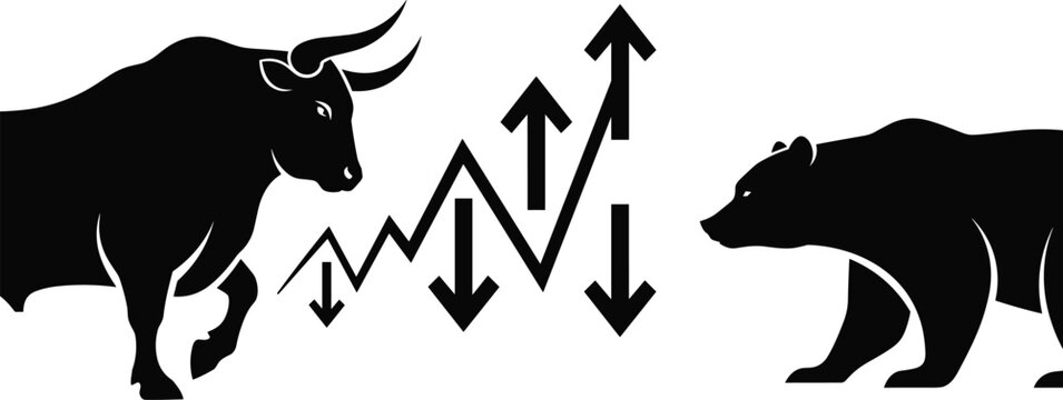 Black silhouette vector illustration of bull and bear stock market symbols with financial graph and up down arrows representing trade market volatility trends.
