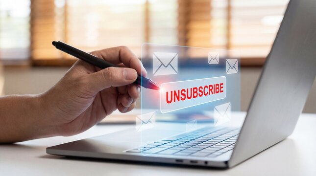 Email unsubscribe concept with hand using laptop and digital unsubscribe notification interface 