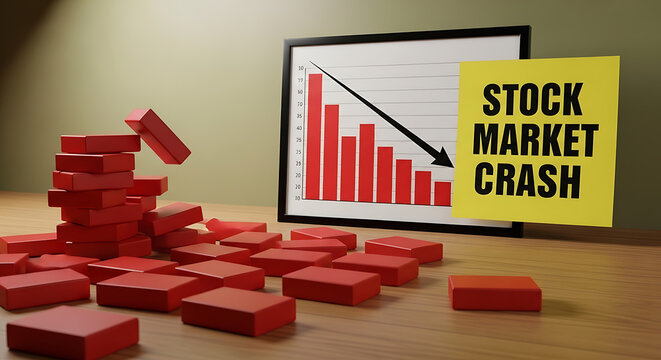 Stock market crash concept with falling red blocks and declining graph