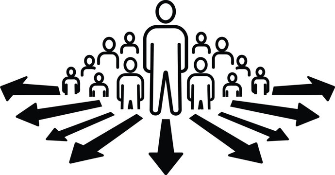 Group of people icons with arrows pointing outwards in all directions