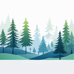 Obraz premium Evergreen forest landscape with layered trees and rolling hills in cool tones