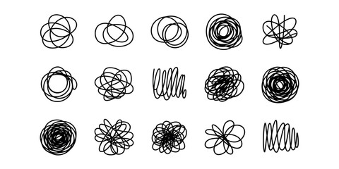 Collection of fifteen black ink scribbles and tangled line on white background line abstract chaos confusion