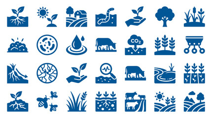 Agriculture icons set for farming and ecological concepts including plants soil animals and weather elements in blue color palette © Iconique Studio