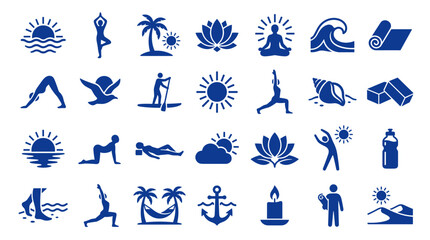 Fototapeta premium Collection of blue yoga and wellness icons representing healthy lifestyle activities and relaxation on white background