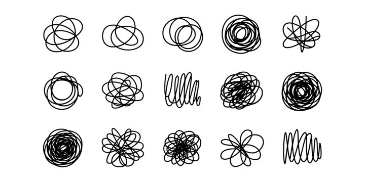 Collection of fifteen black ink scribbles and tangled line on white background line abstract chaos confusion