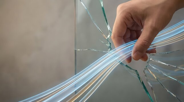 Business hand guiding signal lanes through cracked glass barrier for workflow transition planning disruption recovery and corporate header background