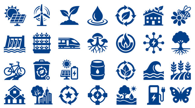 Collection of blue environmental icons representing renewable energy sustainability nature conservation and eco friendly concepts
