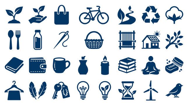Collection of eco friendly sustainable living icons representing nature health home and lifestyle choices for a green planet