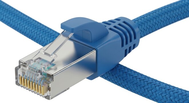 Blue braided ethernet cable with shielded RJ45 connector, high speed cat6 network patch cord, professional internet data connection hardware