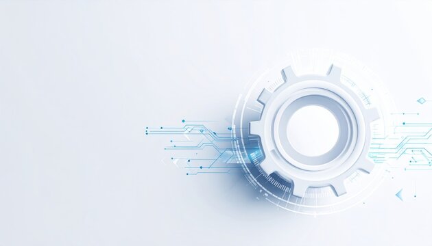 Abstract 3D gear with digital circuits and arrows on a white background and copy space. Futuristic technology concept for mechanical engineering and innovation design.