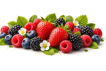 Obraz premium A vibrant mix of fresh berries and green leaves on a white background