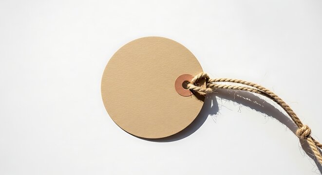 Close-up of a blank circular tag with a string attached, ready for labeling and pricing.