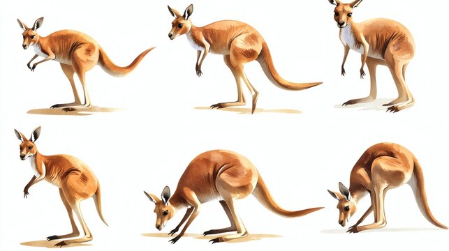 Collection of kangaroo illustrations in various poses on white background, realistic soft shading, warm tones