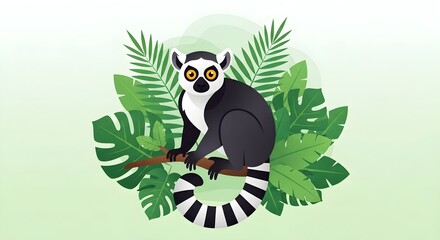 Naklejka premium A clean, flat vector illustration of a Madagascar ring-tailed lemur perched on a tree branch, surrounded by lush green jungle palm and monstera leaves