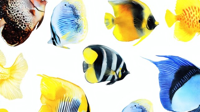 Watercolor-style seamless pattern of colorful tropical reef fish on white background