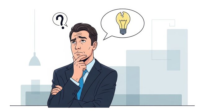 Confused businessman thinking with broken lightbulb idea, pensive executive with question mark, professional man facing mental block and failure