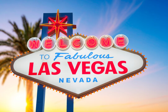 Welcome to Fabulous Las Vegas Sign. Logo Removed. The beautiful Sunset sky in the background.