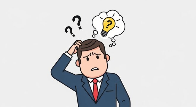 Confused businessman scratching head with question marks, thoughtful professional having a bright idea, problem solving and innovation concept