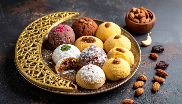 Assorted semolina maamoul or mamoul cookies , awameh or lokma with ramadan decor crescent moon. Traditional arabic Eid al Adha, Eid al Fitr , Ramadan sweets