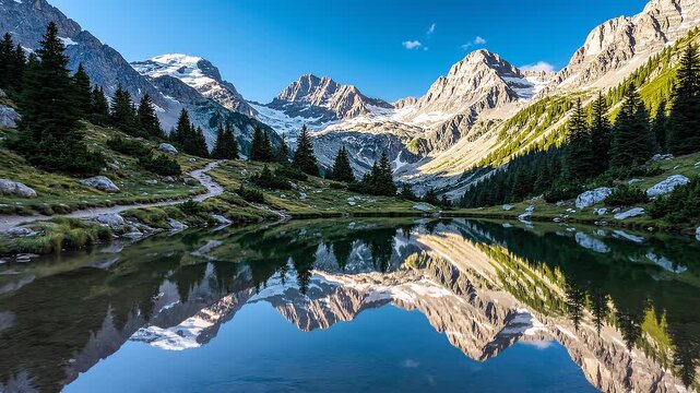 Ultra-premium symmetrical mountain trail reflected in perfectly still alpine pond for breathtaking wilderness branding