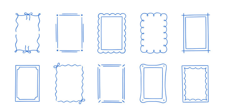 Frame border hand drawn line set. Frame border line hand drawn doodle rectangle vintage wavy bow picture. Cute whimsical decoration scallop squiggly curly wedding invitation. Vector illustration