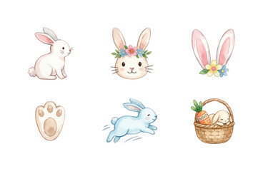 Fototapeta premium Set of 6 Cute Watercolor Bunny Icons for Easter and Baby Design