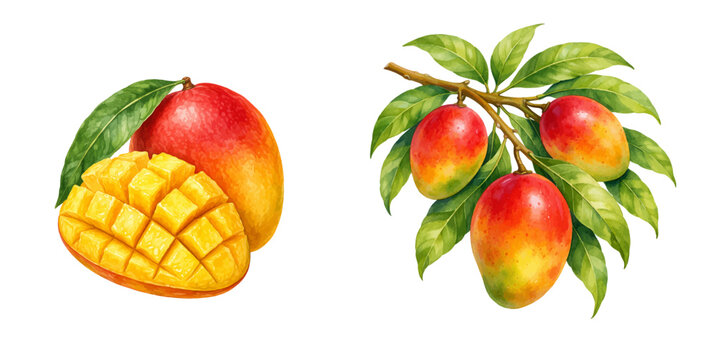 A charming watercolor collection of mango featuring ripe tropical fruits with sliced cubes and leafy branches illustrated in a natural botanical food style.