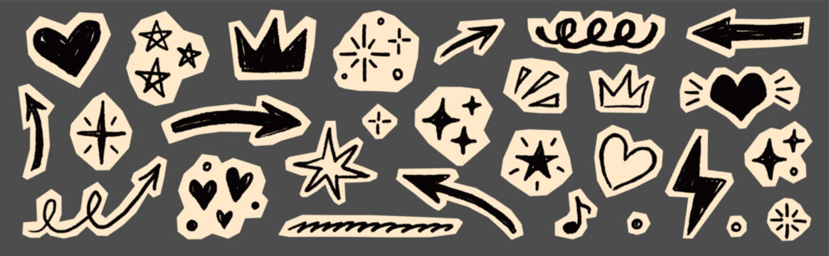 Scrapbook collage sticker element set. Hand drawn paper cut collage with crayon doodle line brush texture. Cute planner craft template design with heart circle arrow star label frame. Vector
