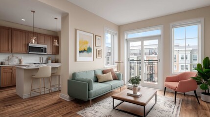 Fototapeta premium Modern Living Room Interior with Natural Light and Stylish Furniture in a Cozy Apartment Space