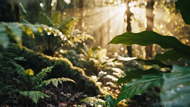 Deep green tones with gentle light playing through dense organic foliage for cinematic botanical visuals