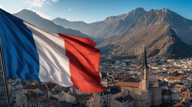 French flag waving above mountain town in clear weather