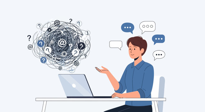Confused person with tangled thoughts and questions around laptop, online communication concept