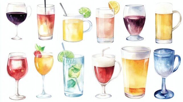 Watercolor illustration of various alcoholic drinks in different glassware, arranged in two rows on white background.