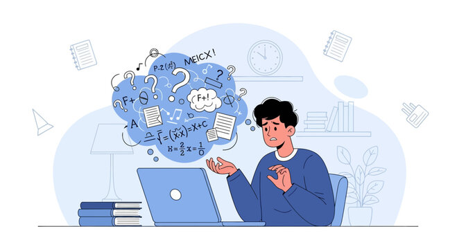 Confused student struggling with online learning, math problems, and homework overload