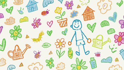 Fototapeta premium Colorful childlike doodle illustrations of gardening tools flowers and insects on white background conveying happiness and growth