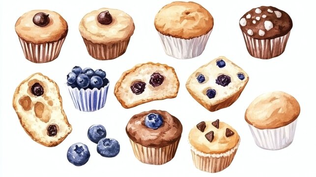 Watercolor illustration of assorted muffins and blueberries on white background