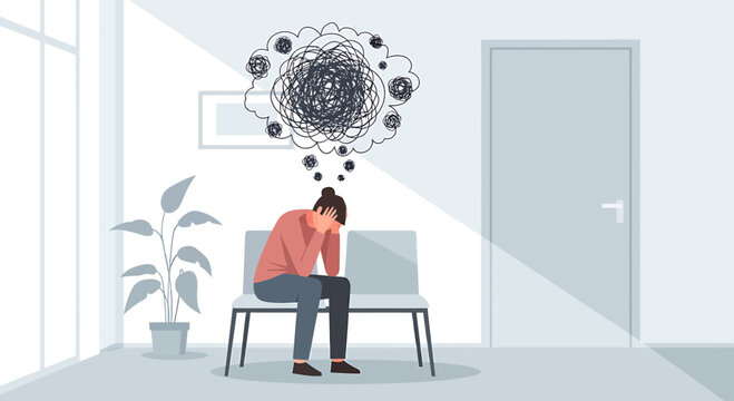 Woman sitting alone in waiting room, feeling stressed and anxious, mental health concept