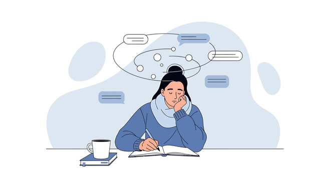 Woman thinking and writing in notebook, surrounded by thought bubbles, creative process