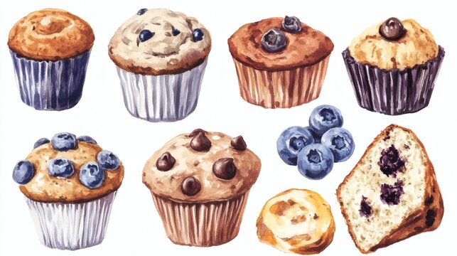 Watercolor illustration of assorted muffins and blueberries on white background