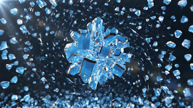 Abstract Blue Geometric Shapes Exploding and Forming Vortex Motion.