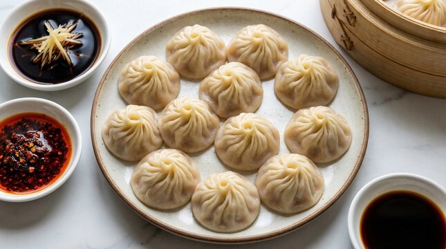 Steamed dumplings on a plate.
