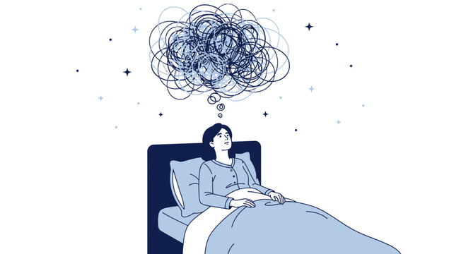 Person in bed with tangled thoughts in a thought bubble, representing anxiety and insomnia