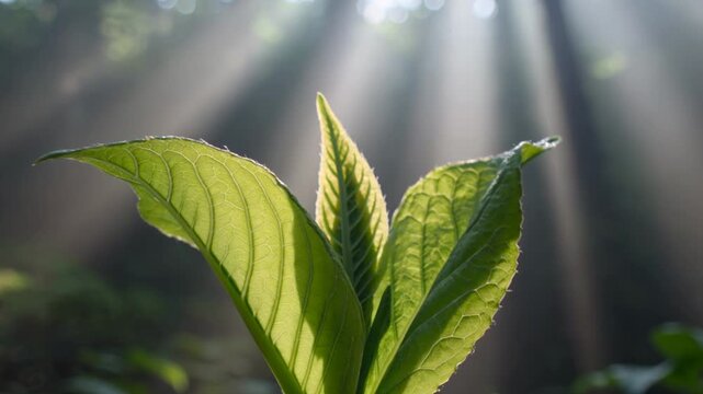 Masterpiece close-up of organic growth with god rays illuminating fresh leaves for cinematic eco branding