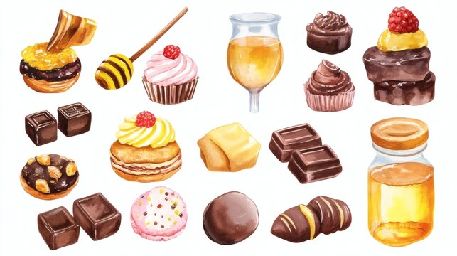 Assorted watercolor desserts and sweets on white background, including cupcakes, chocolates, donuts, jars of honey, and pastries, colorful playful composition