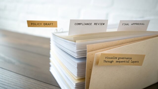 Stacked documents with labeled tabs showcasing policy draft, compliance review, and final approval on a wooden table